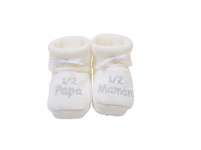 CHAUSSONS TRICOT 1/2 PAPA 1/2 MAMAN BLANC/BRODE GRIS