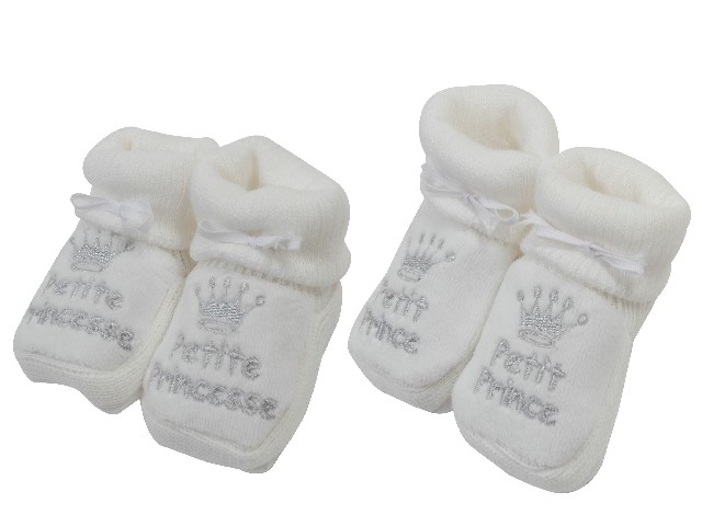 CHAUSSONS TRICOT BRODE PRINCE / PRINCESSE BLANC/GRIS